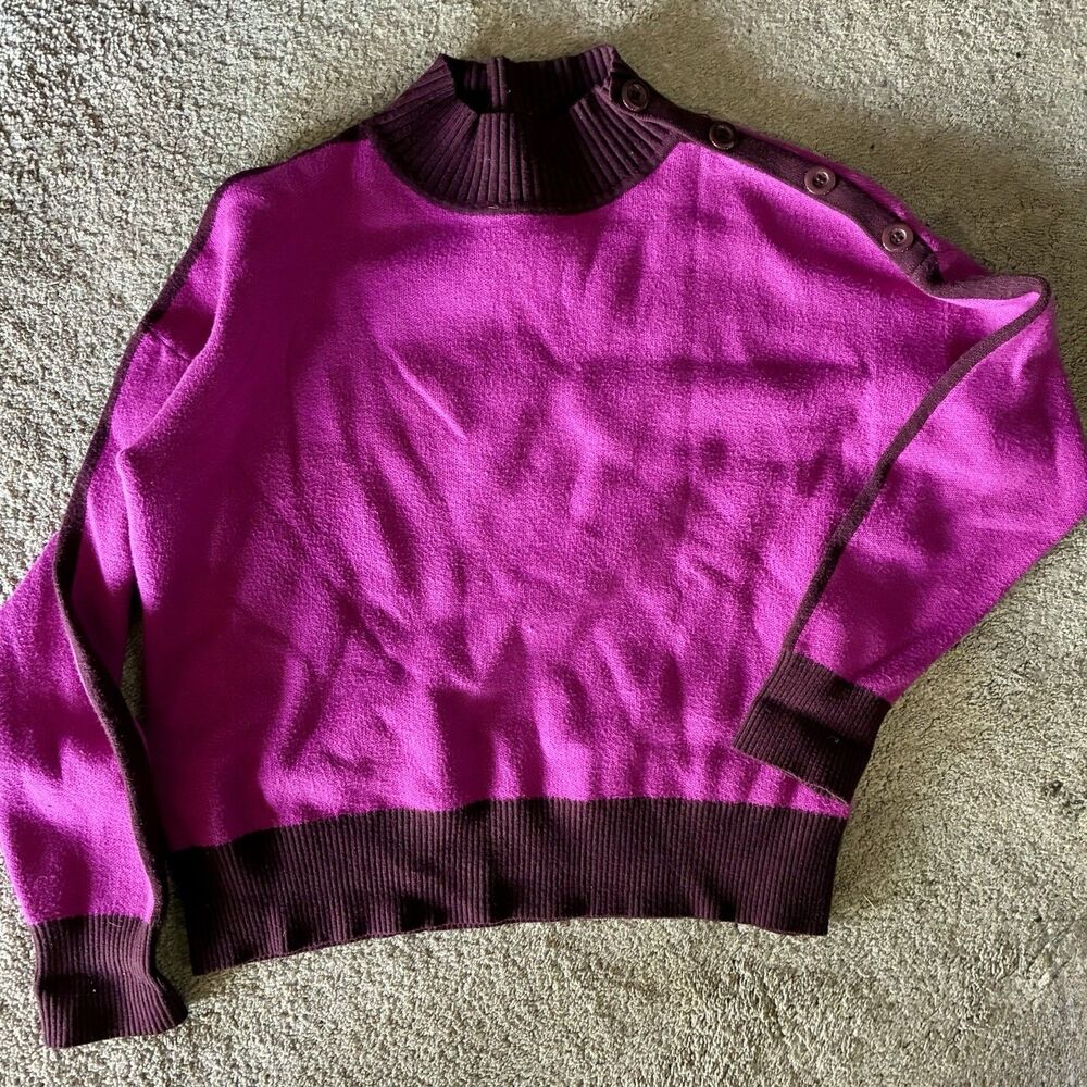 Cynthia Rowley Purple Brown Cowl Neck Button Shoulder Knit Sweater M Capsule